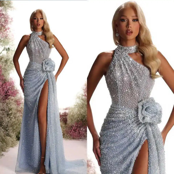 Glitter Sequined Prom Dresses Elegant Halter Beaded Evening Dress Applique High Side Slit Party Gown Customized