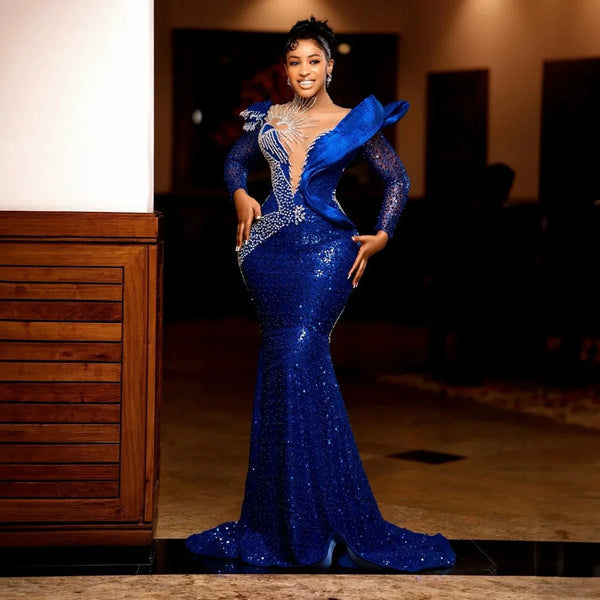 Luxurious Sparkling Royal Blue Mermaid AsoEbi Ball Dress Sexy Transparent Collar Long Sleeve Formal Occasion Dress Customized