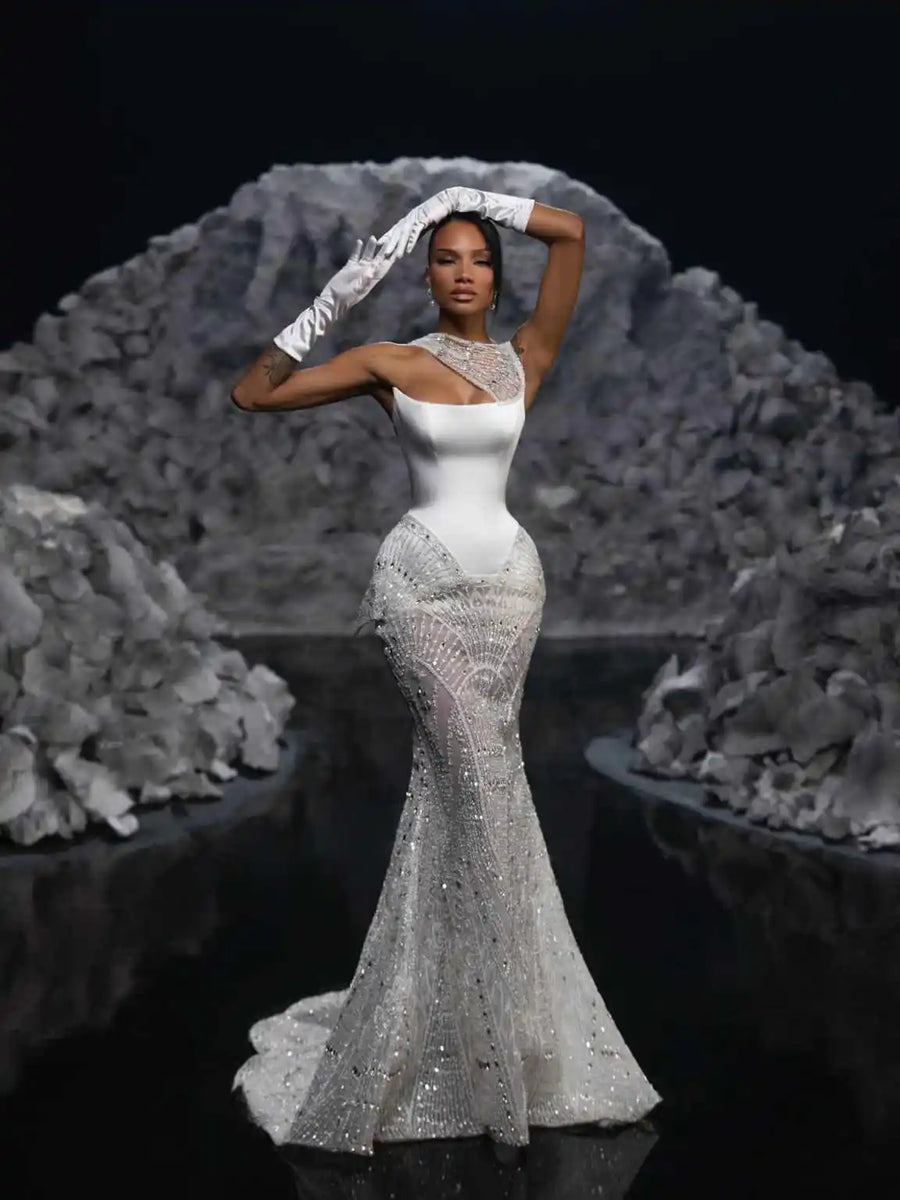 Simple One Shoulder Beaded Mermaid Wedding Dress Elegant Sequined Sleeveless Bridal Gown Sweep Floor Bride Dresses Customized