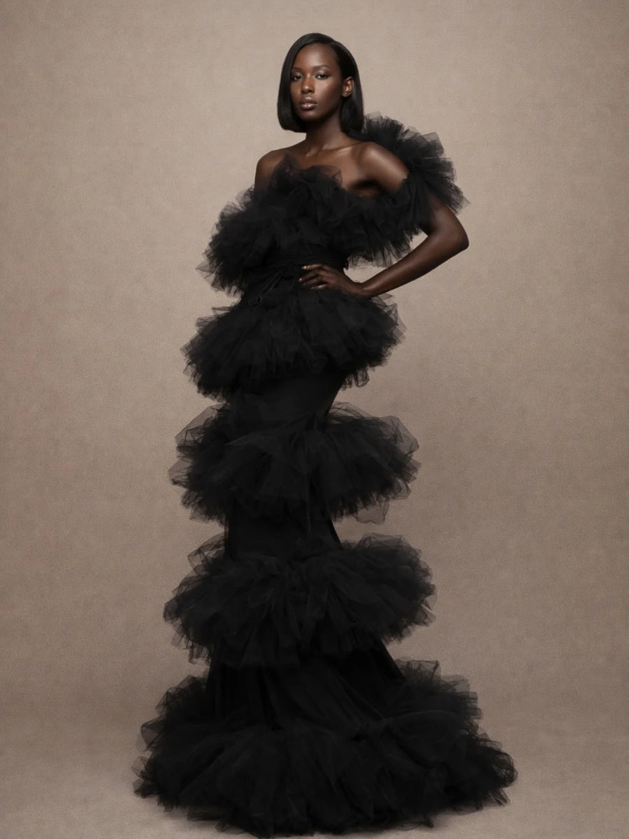2026 New Black Tulle Mermaid Gown Off Shoulder Ruffled Long Evening Dress for Red Carpet Prom Wedding Party Layered Ruffle Gala