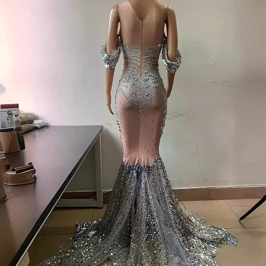 Popular Bright Crystal Sequins Elegant Fishnet Dress, Off-the-shoulder Wedding Dress Women Dresses for Party and Wedding