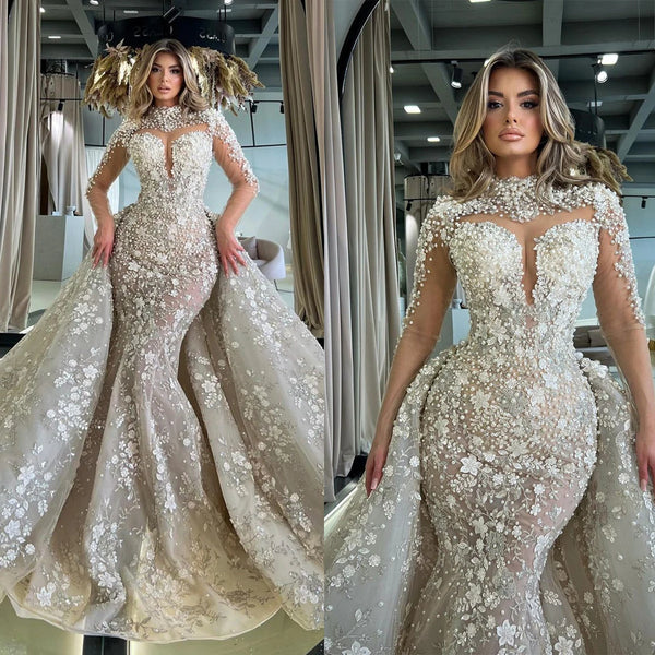 Luxurious Wedding Dresses Mermaid High Collar Pearls Appliques Detachable Train Bridal Gowns Robe De Mariee Customized