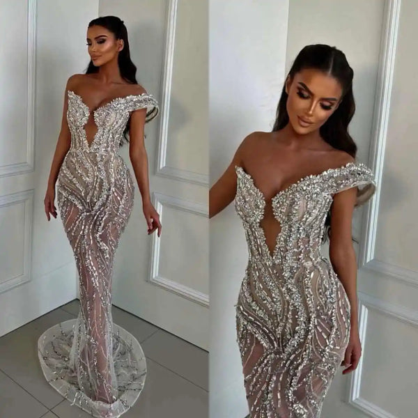 Luxurious One Shoulder Evening Dresses Customized Sexy Crystal Sleeveless Prom Dress Sequined Floor Length Party Gown