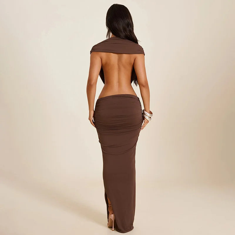 Sexy Halter Backless Women Maxi Split Dress Party Club Hollow Elegant Outfits Summer V Neck Sleeveless Bodycon Ruched Dresses