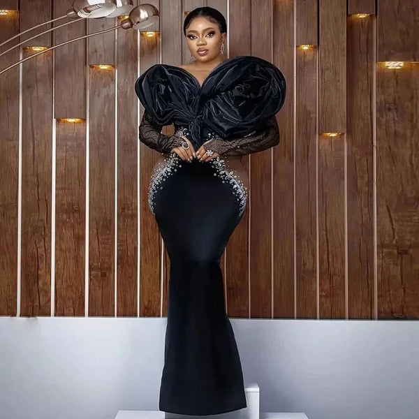 Chic Ruched 3D Floral Long Sleeves Beaded Aso Ebi Formal Dress Black Women Evening Party Gown  African Black Mermaid Prom Dress