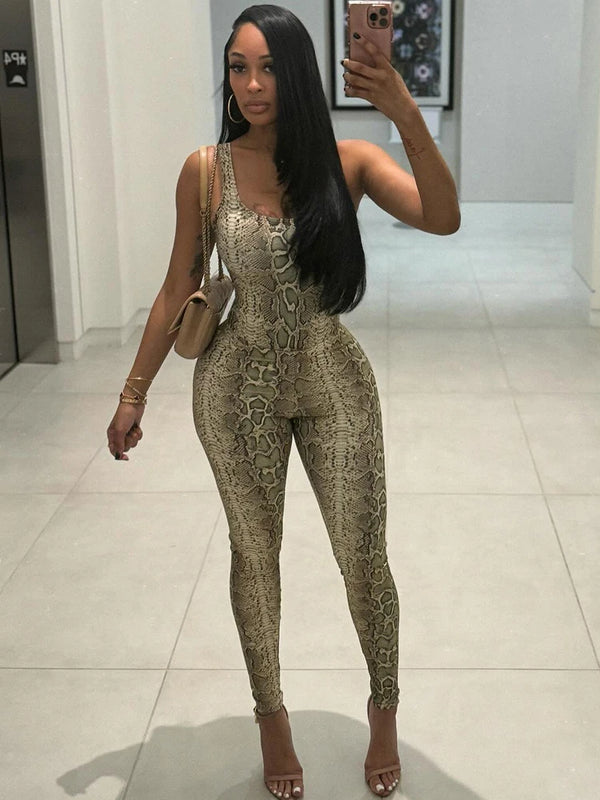 Puss Snake Print Jumpsuit Woman Tight Stretch Sleeveless Skinny Midnight Clubwear Party Sexy Activity Workout Overalls