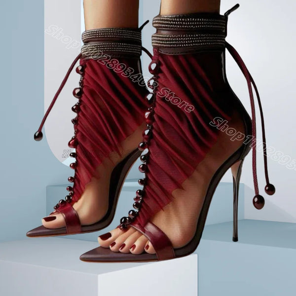 Crimson Crystal Decor Stiletto Sandals Open Toe Back Zipper Summer Design for Women Party Sandal Boots 2025 Zapatos Para Mujere