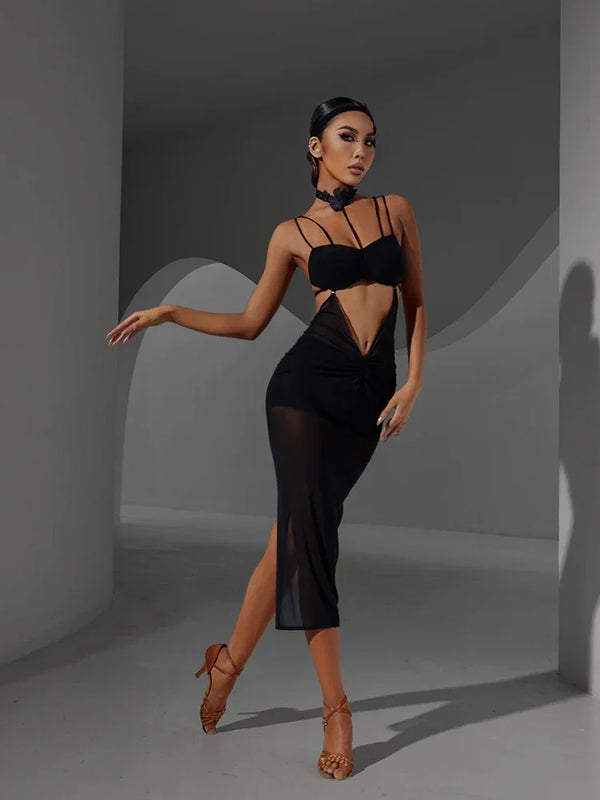Latin Dance Mesh Dress Women with Sexy Lace Flower Neckline Seethrough Fabric Night Of Polar Day Dress #2307
