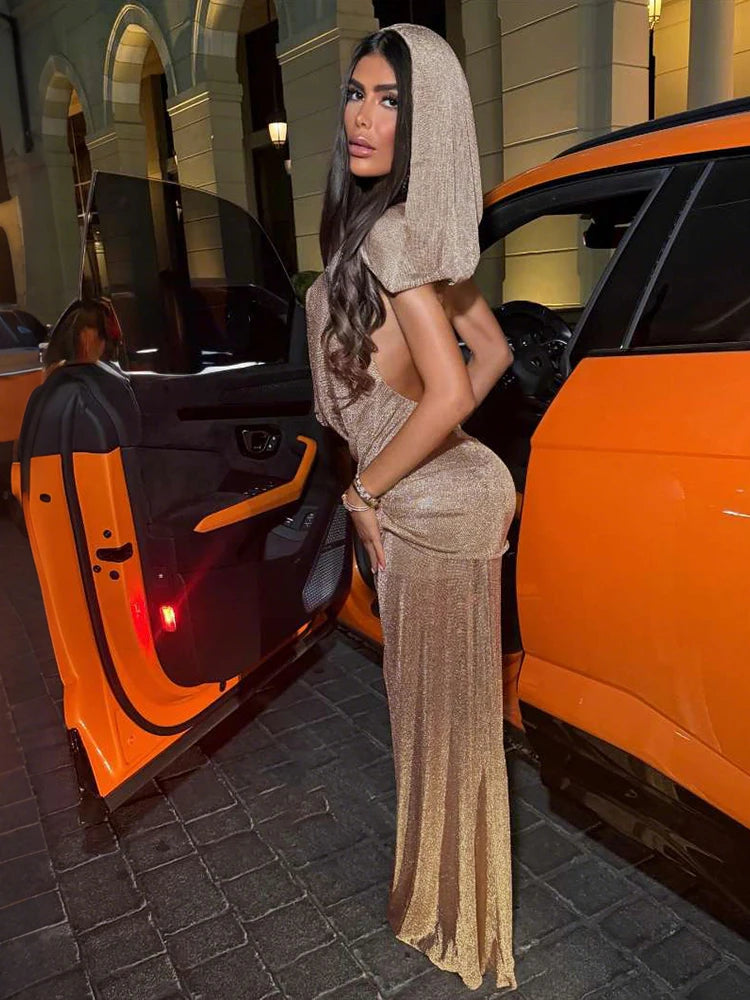 Shiny Mesh Patchwork Hooded Dress Woman Swing Collar Backless Sleeveless Robe Vacation Beach Party Style Elegant Vestidos