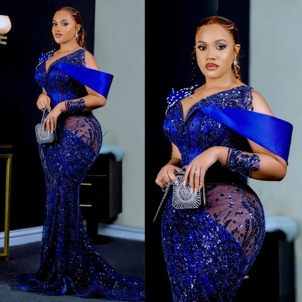 Royal Blue Aso Ebi Prom Dress Luxury Sequin Mermaid Gown Satin Drape Detail Beaded Formal Evening Dress Wedding Guest Customized
