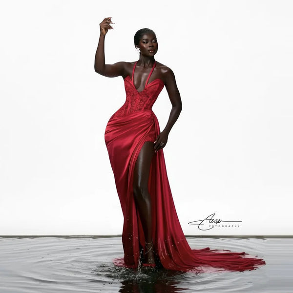 Dark Red Sexy Prom Dresses V Neck Spaghetti Lace Prom Dress High Side Split Evening Dress Sleeveless Occasion Gown with Train