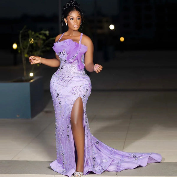 Mermaid Prom Dresses with Spaghetti Straps, Special Occasion Gown, Beads Crystals, Sexy Side Split, Aso Ebi Evening Dre