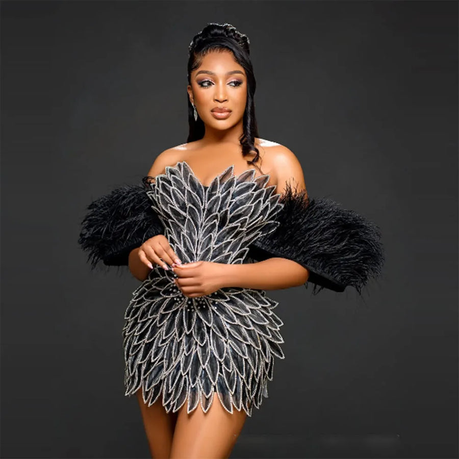 Black Sexy Luxury Flowers Appliques Cocktail Dresses off The Shoulder Aso Ebi Black Girls Birthday Party Dress Formal Prom Gowns