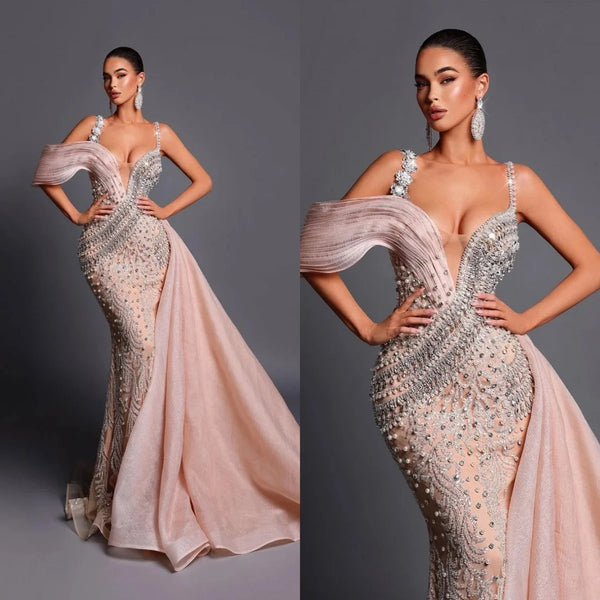 Elegant Sequined Lace Evening Dresses Customized Sexy Beaded Crystal Sleeveless Prom Dress Side Train Floor Length Party Gown