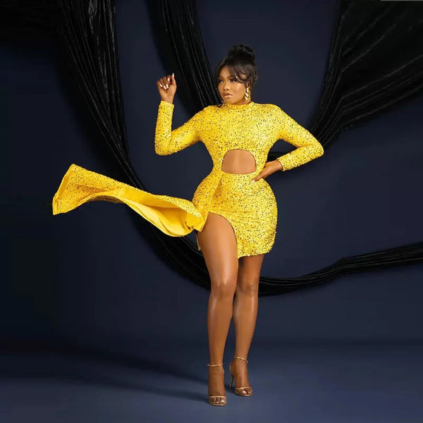 Plus Size Cocktail High Low Formal Party Dress Aso Ebi Srabia Long Sleeves Prom Dresses Bright Sequined Short Evening Gowns 2025