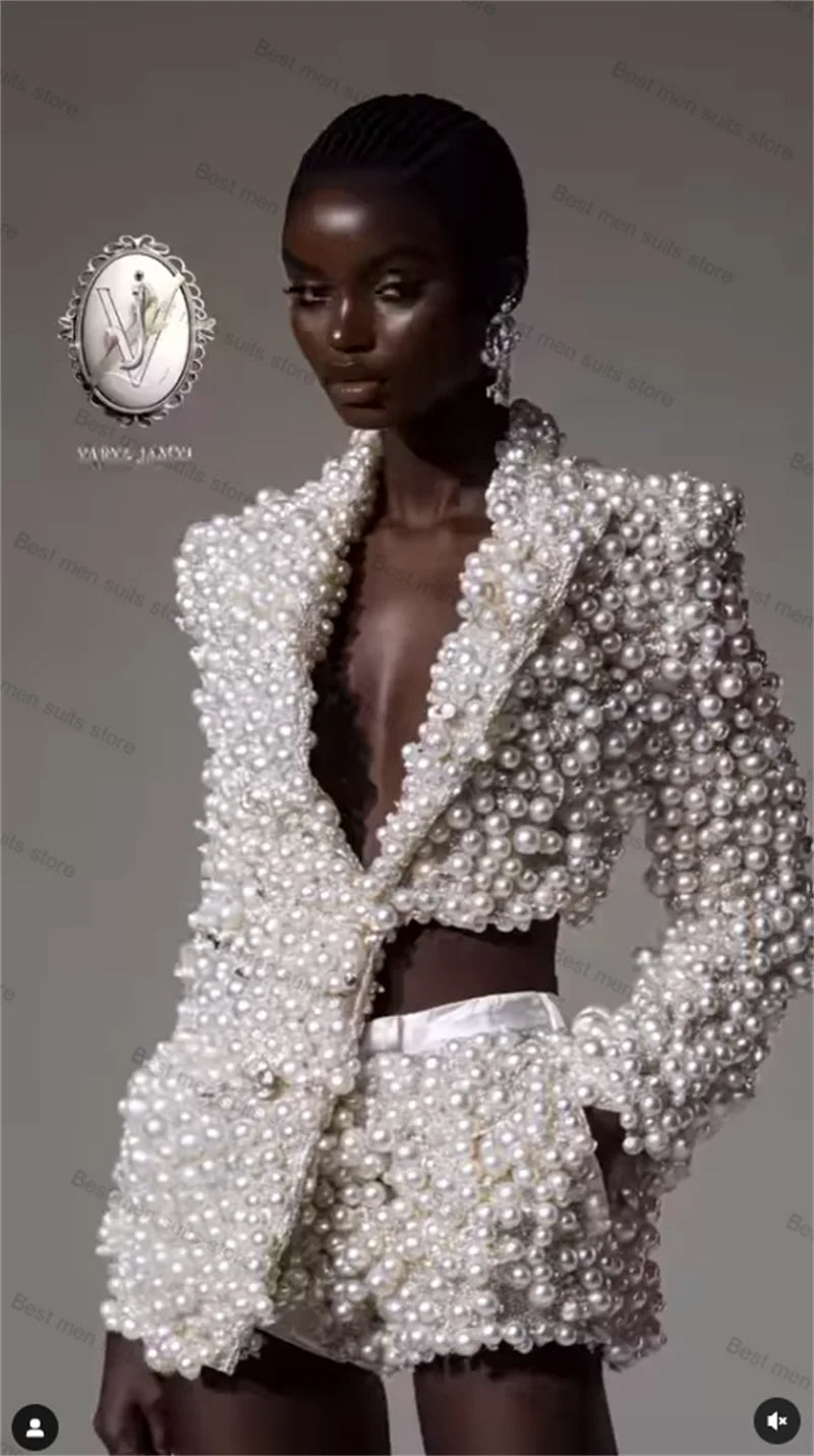 Luxury Full Pearls Women Suit Set 2 Piece Sexy Blazer+Short Pants Formal Office Jacket Customized Wedding Coat (No Back Pearls)