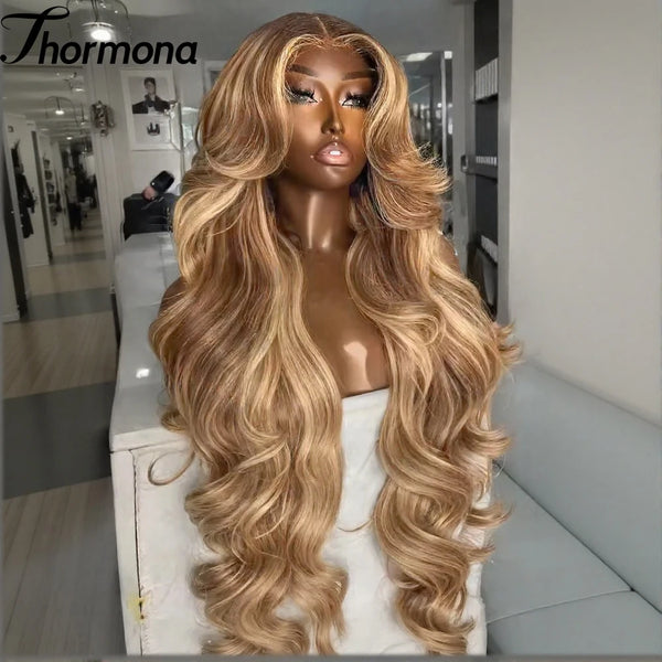 13x6 Highlight Lace Front Synthetic Body Wave Ombre Lace Frontal Wigs Honey Blonde Colored Lace Front Wigs For Women