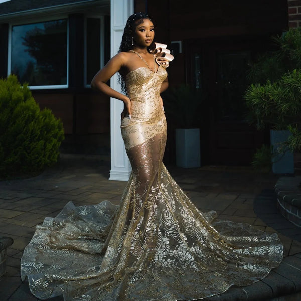 Black Girls Birthday Party Vestidos Sweetheart Bow See Through Sexy Mermaid Evening Dress Aso Ebi Lace Prom Dresses