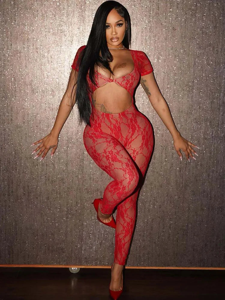 Sexy See Through Floral Lace Jumpsuit Women Short Sleeve Hollow Out Bodycon Romper Backless Night Club Outfit One Piece Overalls