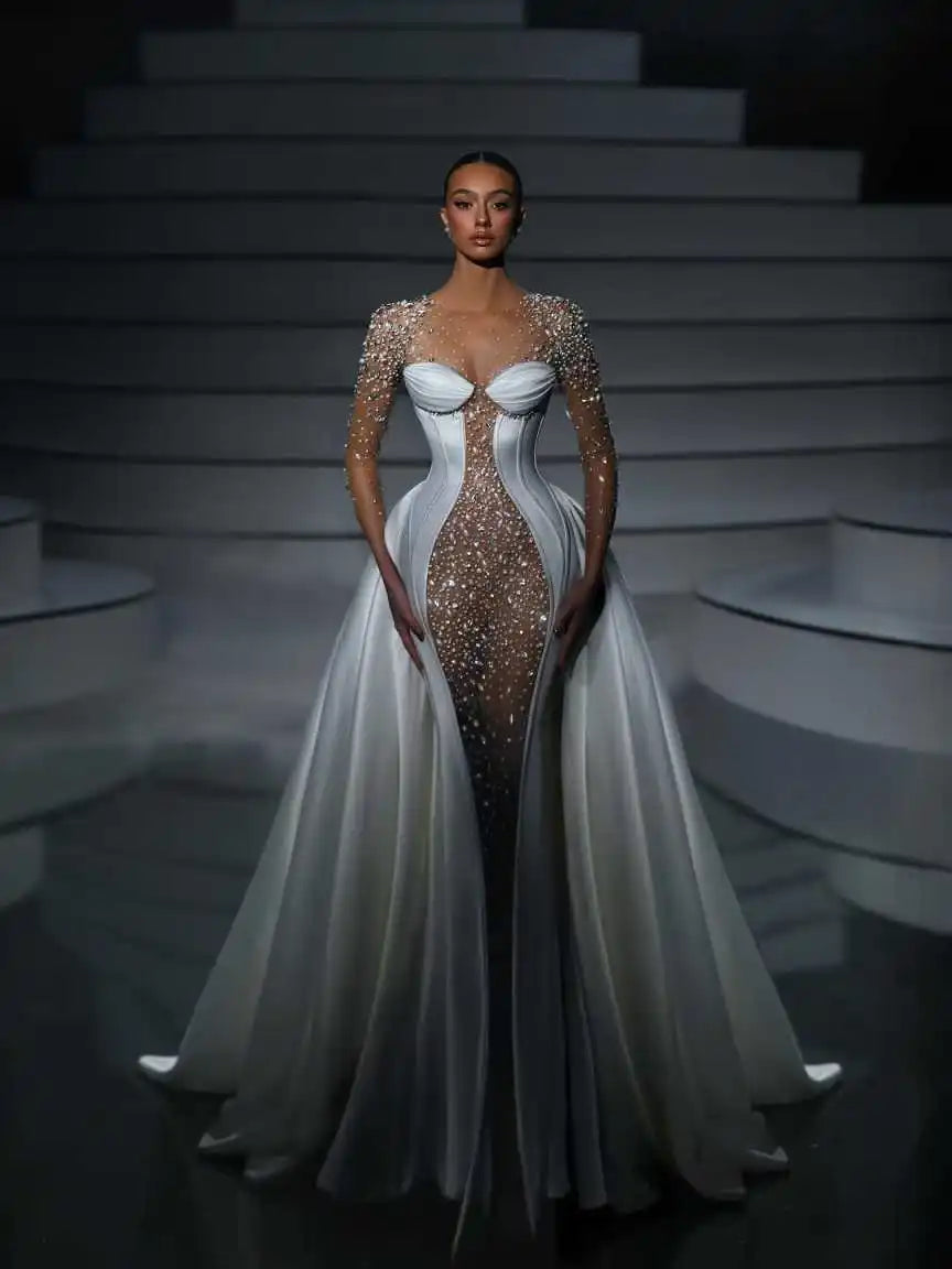 Luxury Mermaid Wedding Dress Crystal O Neck Long Sleeve Bride Dresses Illusion Lace Satin Floor Length Bridal Gowns Customized