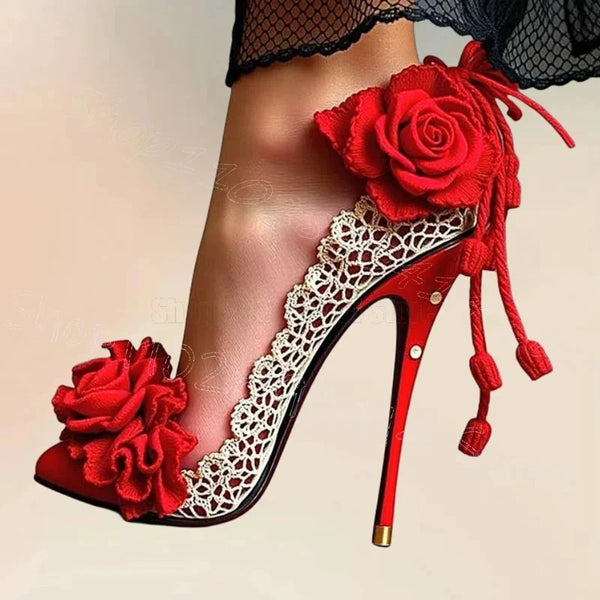 Red Appliques Lace Design Pointed Toe Pumps Slip On Women Shoes Thin High Heels Fashion Party Banquet 2025 Zapatos Para Mujere