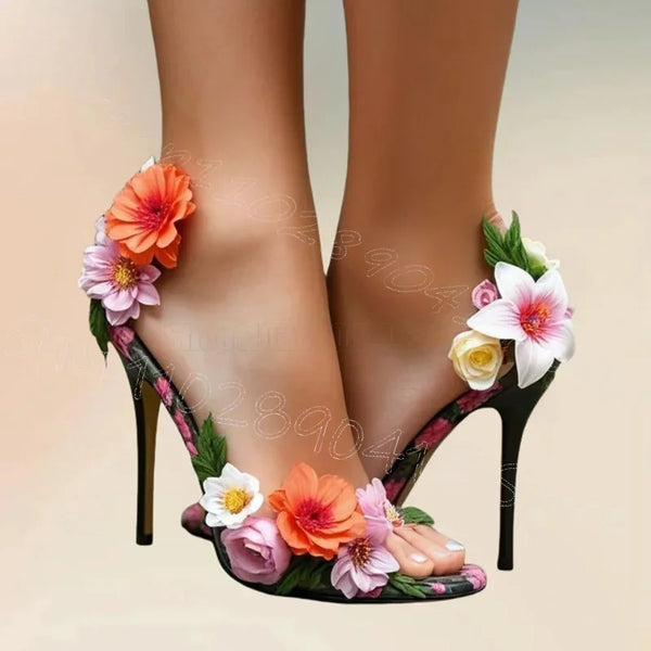 Colorful Appliques Design Floral Print Sandals Slip On Women Shoes Thin High Heels Open Toe Party Feast 2025 Zapatos Para Mujere