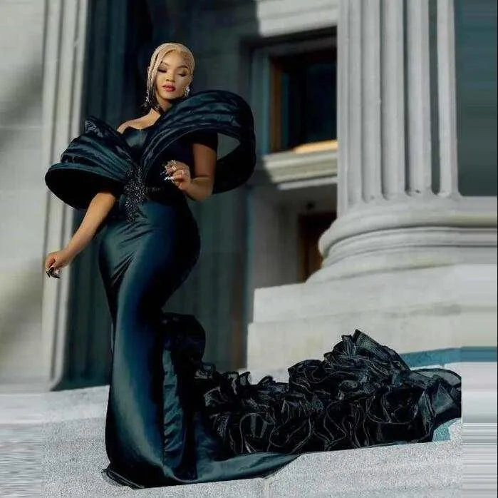 Aso Ebi Satin Ruffled Train Evening Dress African Prom Dresses For Black Women Beaded Formal Gowns Puff Shoulder Customized