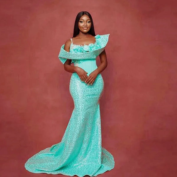 Scoop Flowers Appliques Turquoise Mermaid Party Gowns Custom Made Vestidos Sequined Aso Ebi Prom Dress For Black Girls