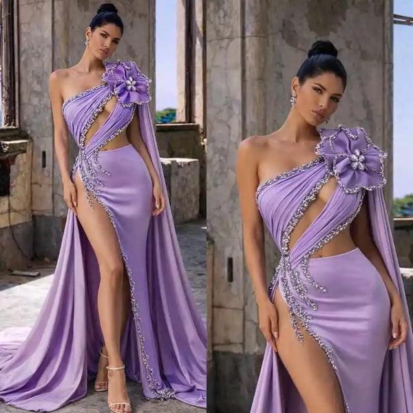 Sexy Mermaid Evening Dress Crystal One Shoulder Sleeveless Prom Gown High Splits Sweep Train Party Formal Dresses Customized