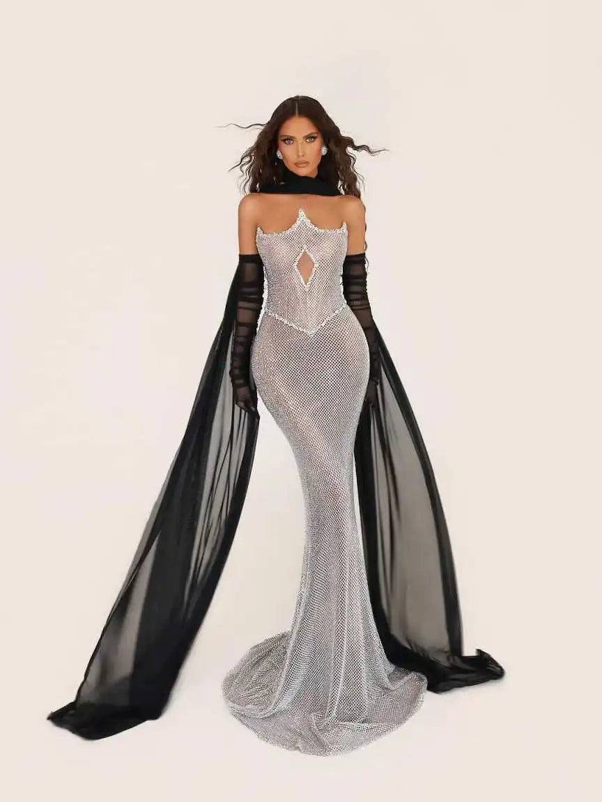 Vintage Strapless Beaded Evening Dresses Sexy Sleeveless Sequined Mermaid Prom Dress Customized Floor Length Crystal Party Gown