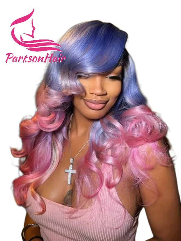 Blue/Pink 13x4 Lace Front Human Hair Wigs For Women Pre Plucked Highlight Body Wave Transparent Lace Frontal Wig 100% Human Hair