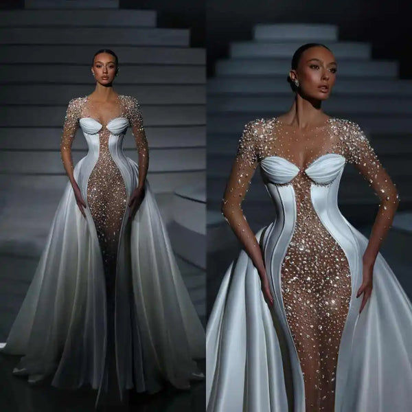 Luxury Mermaid Wedding Dress Crystal O Neck Long Sleeve Bride Dresses Illusion Lace Satin Floor Length Bridal Gowns Customized