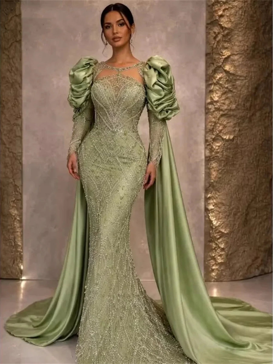 Runway Mermaid Evening Dress O Neck Beaded Sequined Prom Gowns Exquisite Long Sleeve Floor Length Party Dresses Customized