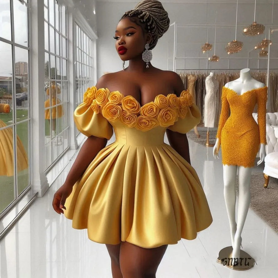 Newest Bright Yellow Short Women Mini Dresses With Handmade Flower Details Pretty African Girls Birthday Party Dress