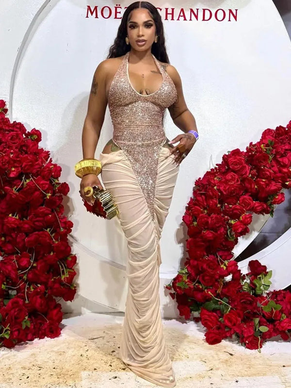 Sexy Glitter Sequins Party Evening Dresses Women Luxury Celebrity Sheer Mesh Patchwork Cut Out Formal Ruched Bodycon Maxi Dress