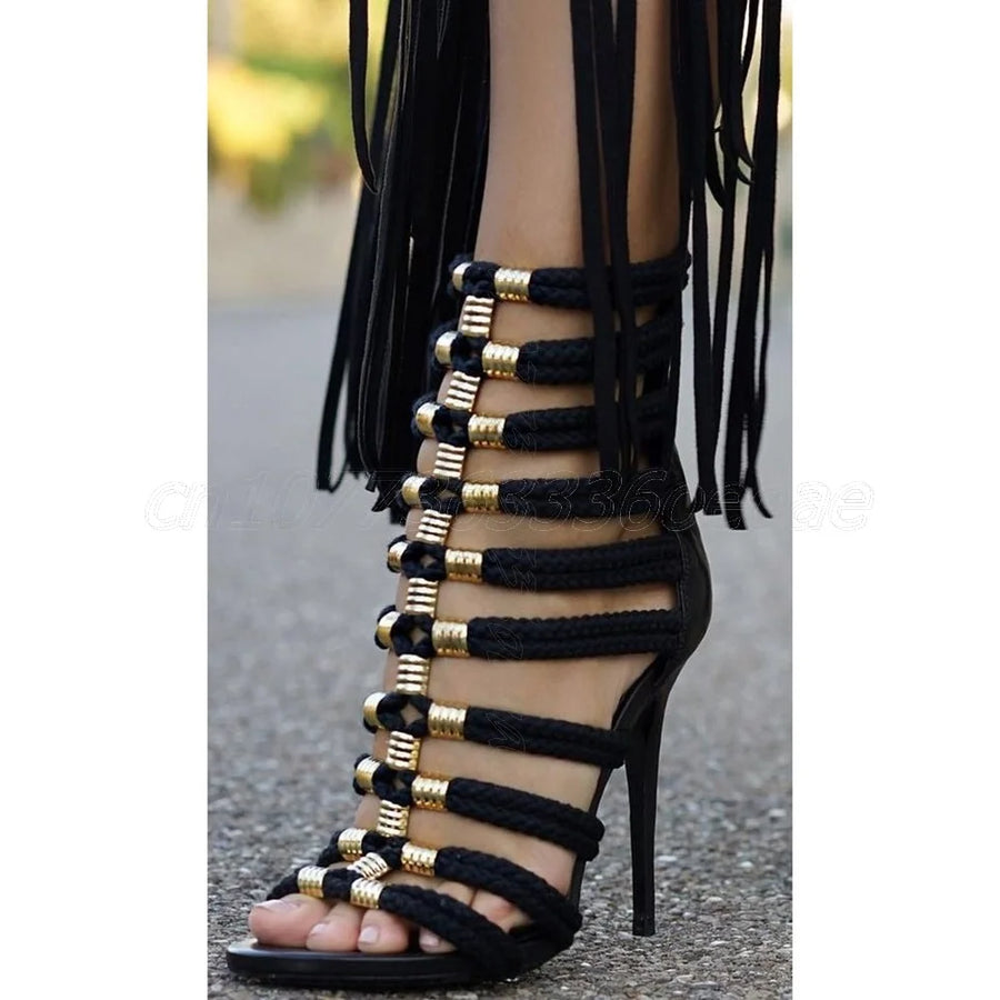 Back Zipper Suede Sandals Metal Decor Hollow Open Toe Shoes for Women Thin High Heels Fashion Shoes 2025 Zapatos Para Mujere