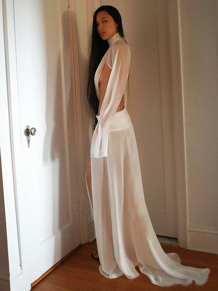 Elegant 2-Piece Set Women Sexy See Through Turtleneck Irregular Crop Top+Skirts Matching Clubwear Matching Split Suit