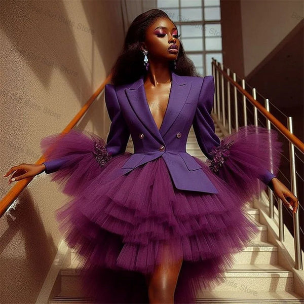Purple Women Suit 1 Pcs Long Blazer Prom Dress Puffy Tulle Formal Office Lady Jacket Customized Wedding Tuxedos Guest Coat