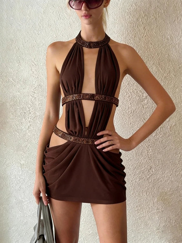 Sexy Hollow Design Mini Dress Woman Sequins Patchwork Halter Off Shoulder Backless Midnight Party Ruched Elegant Bodycon