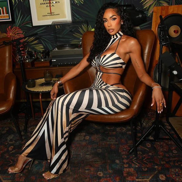 Geometric Stripe Halter Cut Out Maxi Dress 2026 Summer Women Back Lace Up Bodycon Sexy Club Party Long Dress