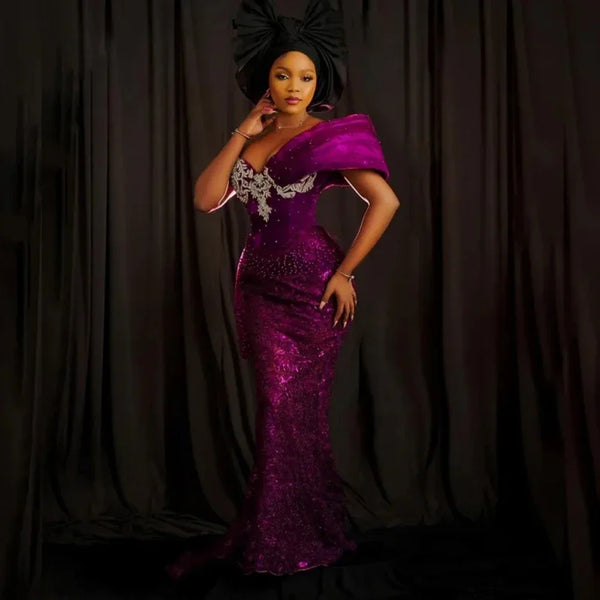 Appliques Beaded 3D Shoulder Long Party Dress Nigerian Aso EbiAfrican Purple Lace Evening Dresses Women Wedding Guest Dress