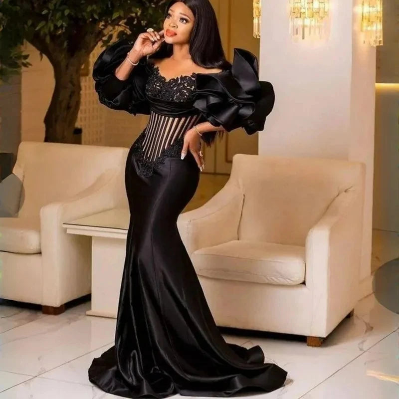 Customized Aso Ebi black prom dress Hat sleeve elastic satin beaded mermaid evening birthday party second reception dress