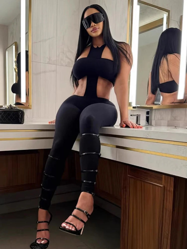 Sexy Backless Jumpsuit Women Halter Sleeveless Waistless Skinny Stretch Midnight Clubwear Fitness Activity Clubwear