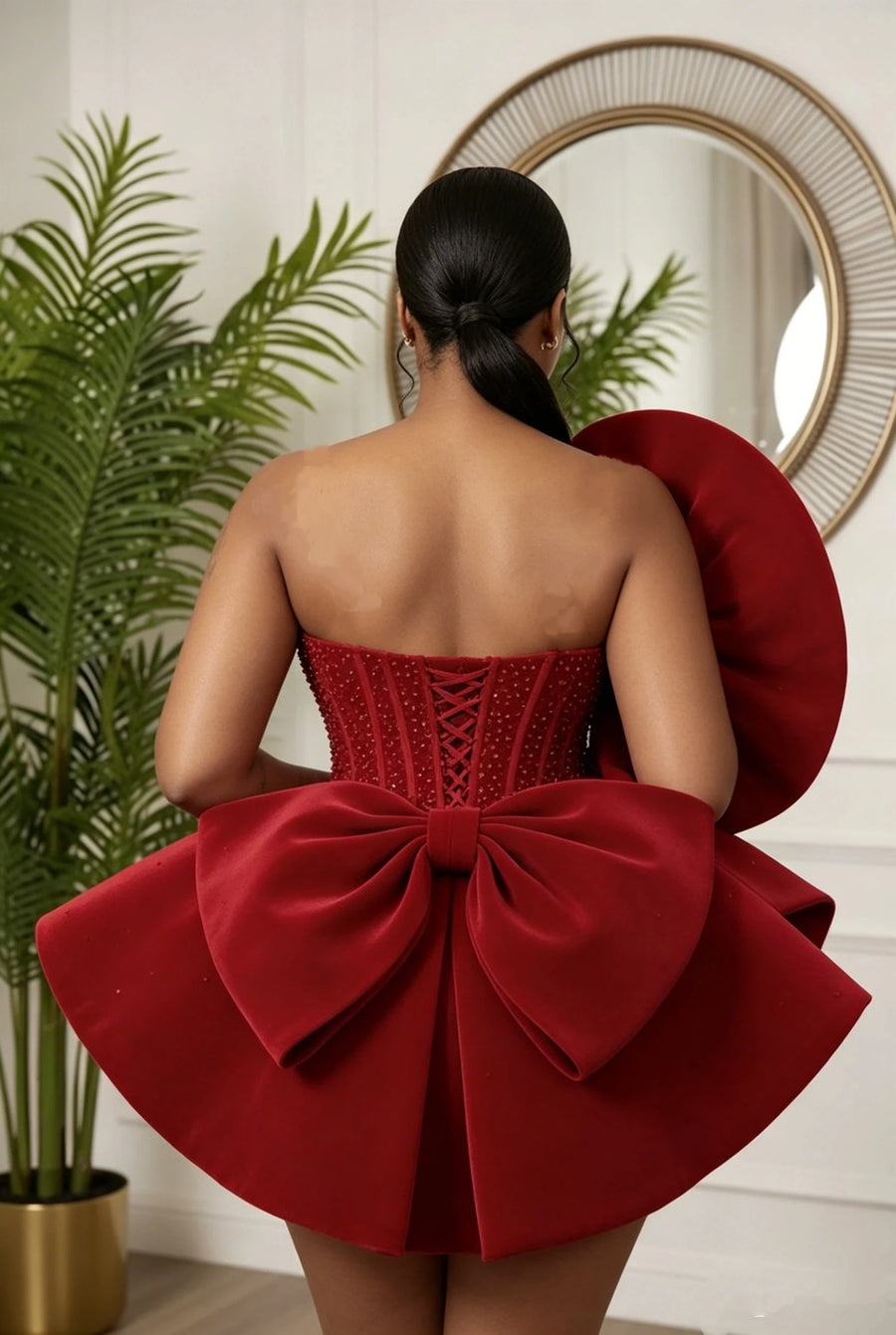 Aso Ebi Short A-line Crystal Bow Cocktail Dress African Women Sweetheart Formal Occasion Birthday Party Prom Dress Customized