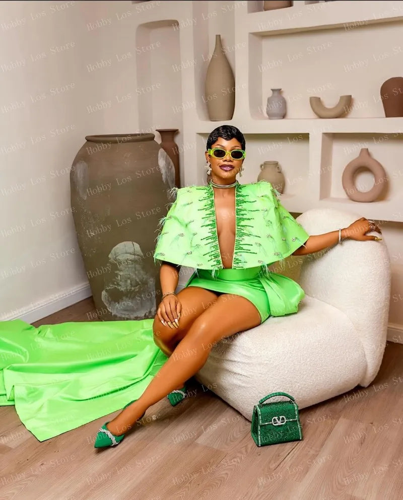Lime Green Satin Skirt Features High Slit Design Flowing Train Exhibits Elegance And Style With Smooth Texture And Vivid Color